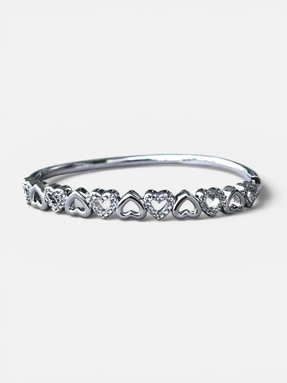 Silver Tone Crystal Heart Link Bangle Bracelet